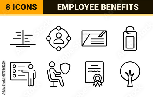 Minimalist employee benefits and human resources line icon set