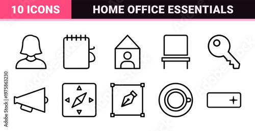 Minimalist remote work and home office line icon set