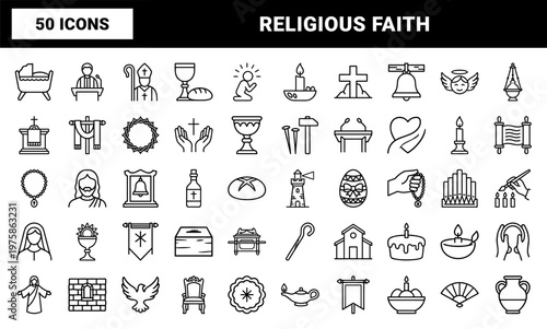 Religious christianity line icons set with bible and church symbols