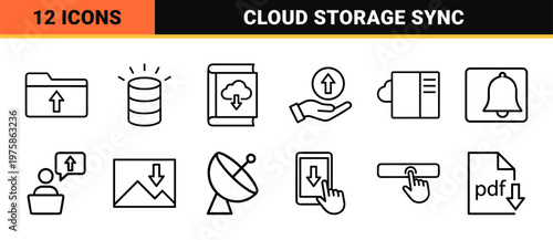Minimalist cloud data transfer and file download upload line icon set