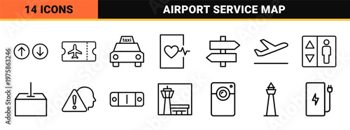 Airport and international travel minimalist outline icons