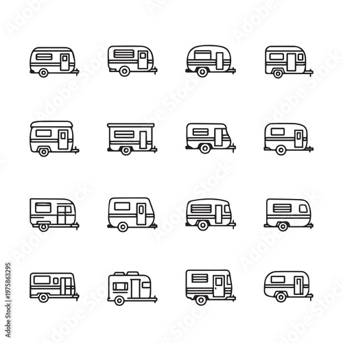 Collection of Caravan Icons in Outline Style Representing Travel and Leisure Minimalist Design Elements