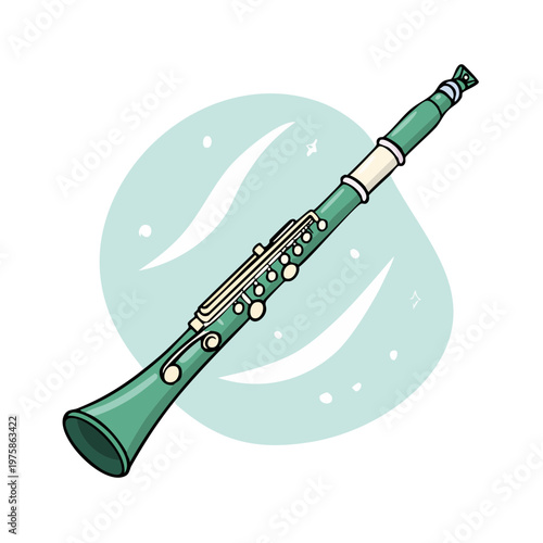 Green clarinet musical instrument with intricate keys and bell shape on a light blue circular background