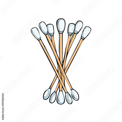 Group of cotton swabs with wooden sticks and white cotton tips arranged together