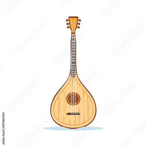 Traditional Greek Bouzouki string musical instrument with round soundhole and tuning pegs