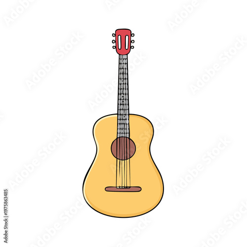 Acoustic guitar illustration with red tuning pegs and wooden body