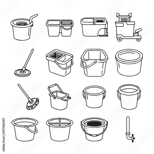 Collection of cleaning buckets and mops for household chores and professional janitorial services