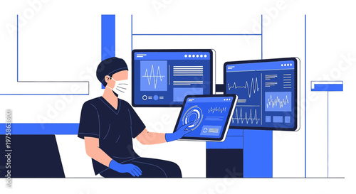 Doctor Monitoring Medical Data on Screens in Modern Operating Room