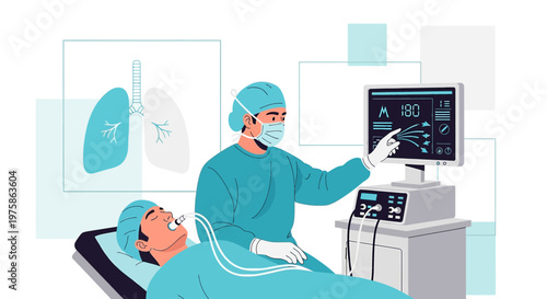 Doctor monitoring patient on ventilator in operating room with lung graphic