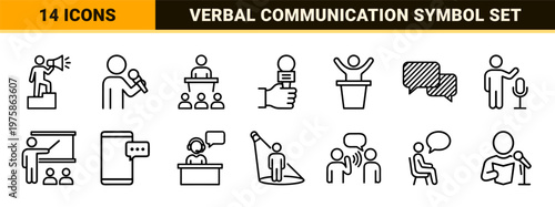 Public speaking and verbal communication minimalist outline icons
