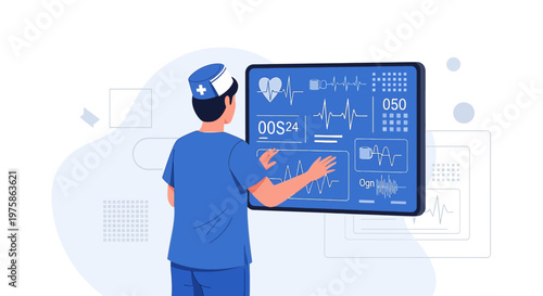 Doctor Monitoring Patient Vital Signs on Digital Screen in Operating Room
