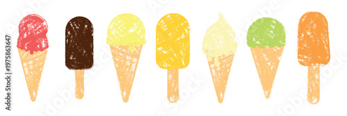 Set of colorful ice cream desserts with grunge chalk texture. Vector collection of fruit ice creams with flavors of strawberry, chocolate, lemon, vanilla, pistachio and orange in a crayon style.