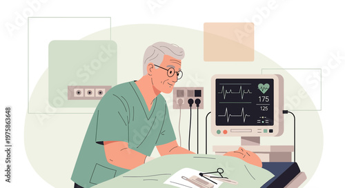 Doctor monitoring patient vital signs on EKG monitor in operating room, medical care concept