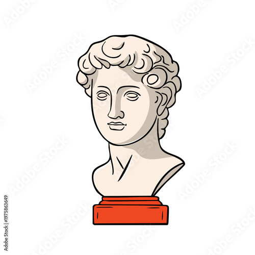 Classical marble bust sculpture of a youthful male head and shoulders on a red pedestal