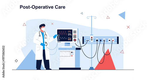 Doctor Monitoring Patient Vital Signs on Medical Monitor in Post-Operative Care Unit