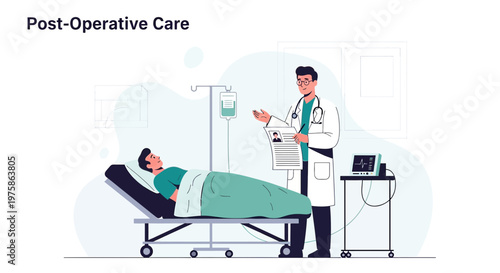 Doctor Consults Patient in Post-Operative Care, Hospital Room with IV Drip and Monitor