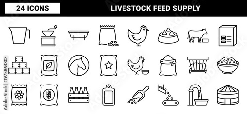 Agricultural livestock feed and farming outline icon set