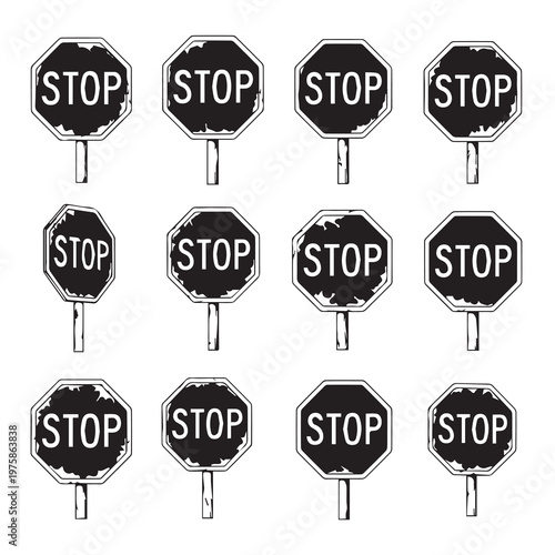 Collection of distressed stop signs on poles in a grid pattern for traffic control concepts