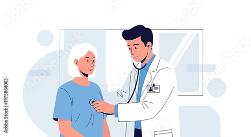 Doctor examines patient with stethoscope, medical checkup in clinic, healthcare concept