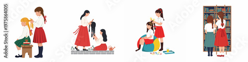Set of flat vector illustrations of schoolgirls in uniforms braiding each other's hair in different indoor and outdoor scenes.