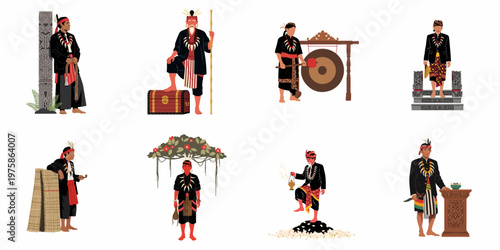 Collection of Indonesian Men in Traditional Ethnic Costumes Performing Cultural Rituals and Poses Flat Illustration Set