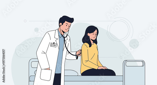 Doctor examines patient with stethoscope in clinic, medical check-up, healthcare concept