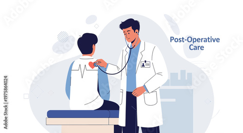 Doctor examines patient with stethoscope, post-operative care concept