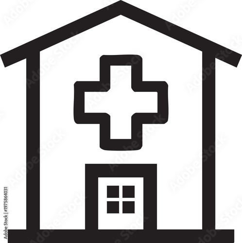 A medical cross symbol marks the entrance of a healthcare building
