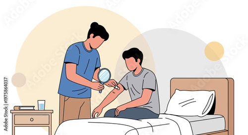 Doctor examines patient's arm with magnifying glass, medical check-up, healthcare concept