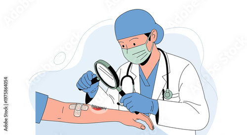Doctor examines patient's arm wound with magnifying glass, medical examination, healthcare concept