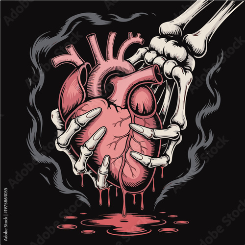 Bleeding Anatomical Heart Held by Skeleton Hands Vector – Dark Gothic Horror Illustration