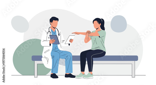 Doctor examines patient's arm, physical therapy session, medical consultation