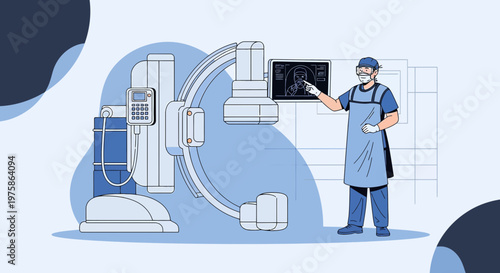 Doctor Examining Medical Scan Next to C-Arm X-ray Machine in Hospital