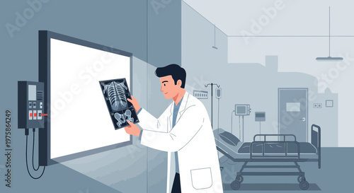 Doctor examining X-ray in hospital room with patient bed and medical equipment