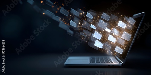 Conceptual image of data transfer with a laptop creating a digital flow of information and technology.