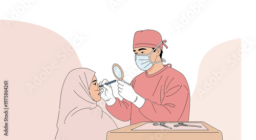 Doctor examining patient's eye with mirror and tool, Muslim woman in hijab