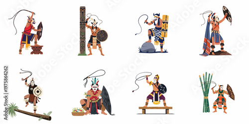 Collection of Ethnic Tribal Warriors Wearing Traditional Masks and Carrying Ceremonial Whips and Shields, Flat Style Vector Illustration Set