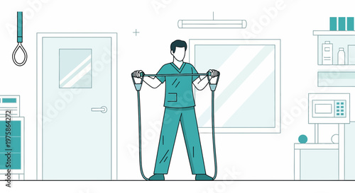 Doctor exercising with resistance band in hospital room, rehabilitation concept