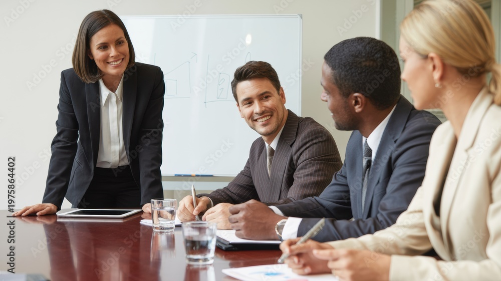 Fototapeta premium Business team meeting with a presentation on a whiteboard in the background and people taking notes at a conference table with a tablet