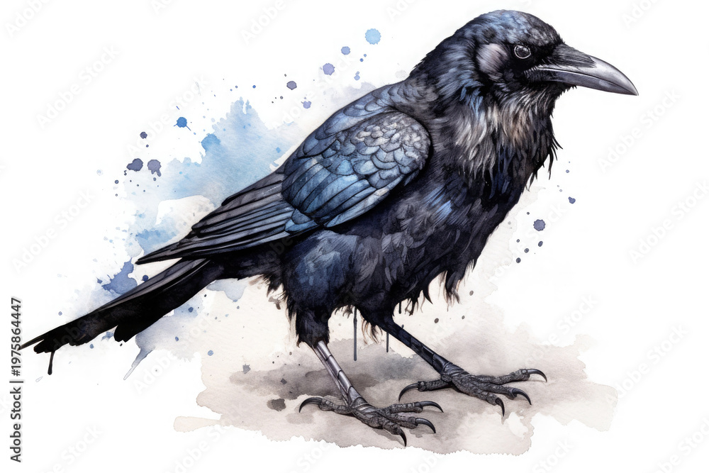 Fototapeta premium Majestic black raven stands gracefully against a watercolor splatter background showcasing intricate details and the beauty of nature