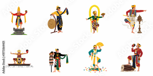 Collection of Indonesian Male Traditional Dancers in Various Poses and Costumes Featuring Masks Musical Instruments and Cultural Elements