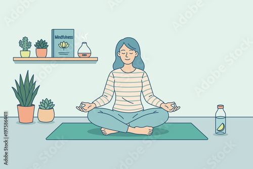 Young woman meditating in lotus pose on yoga mat at home. Mindfulness, mental health and wellness concept. Calm female character practicing yoga with aromatherapy and plants. Flat vector illustration.