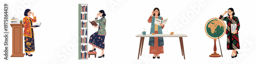 Illustration set of a female Indonesian teacher or professor wearing batik, engaged in various educational activities like teaching, researching, and reading.