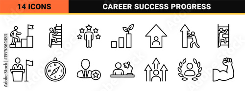 Business growth and career success minimalist outline icon set