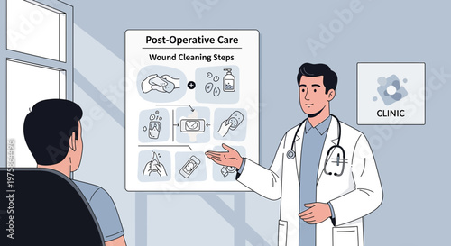 Doctor Explains Post-Operative Wound Cleaning Steps to Patient in Clinic