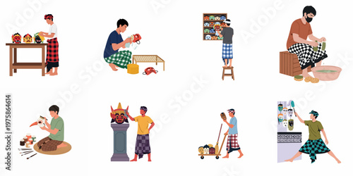 Balinese artisans crafting, cleaning, and painting traditional Indonesian masks, showcasing cultural heritage and skilled craftsmanship in a detailed illustration set.
