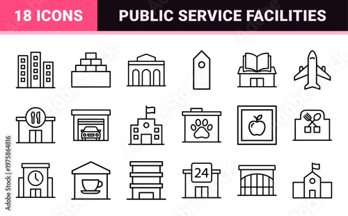 Minimalist urban building and public infrastructure line icon set
