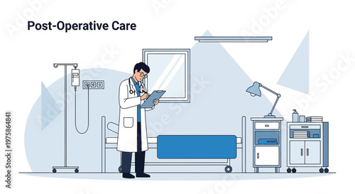 Doctor in Post-Operative Care Room Examining Patient Chart Near Hospital Bed