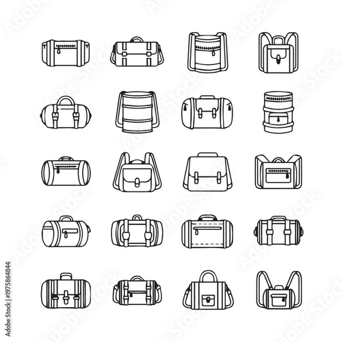 Collection of duffel bags and backpacks in a clean line art style for travel and sport concepts