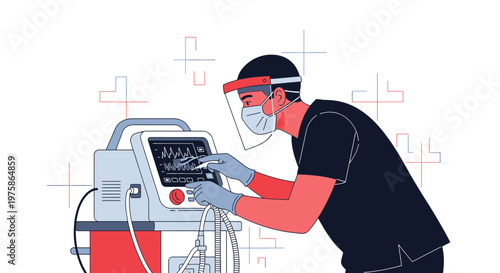 Doctor in protective gear operating a ventilator in a hospital, medical technology, healthcare concept